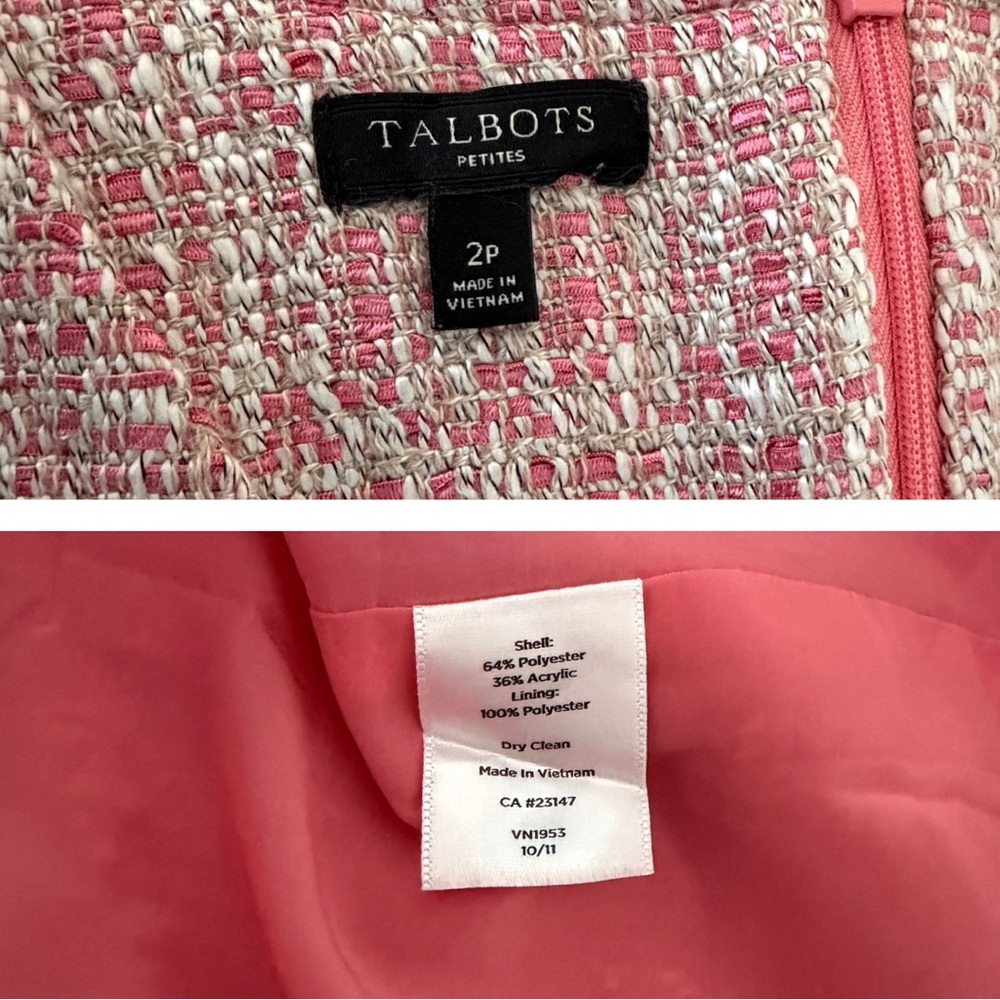 Talbots Petites Pink White Tweed V-Neck Cap Sleeve Sheath Midi Dress (2P) - Picture 15 of 16